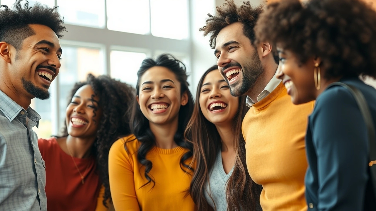 un groupe de personnes riant ensemble dans un cadre joyeux