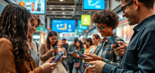 Une image montrant des innovations en paiement électronique dans un marché moderne avec des gens utilisant des smartphones et cartes de crédit.