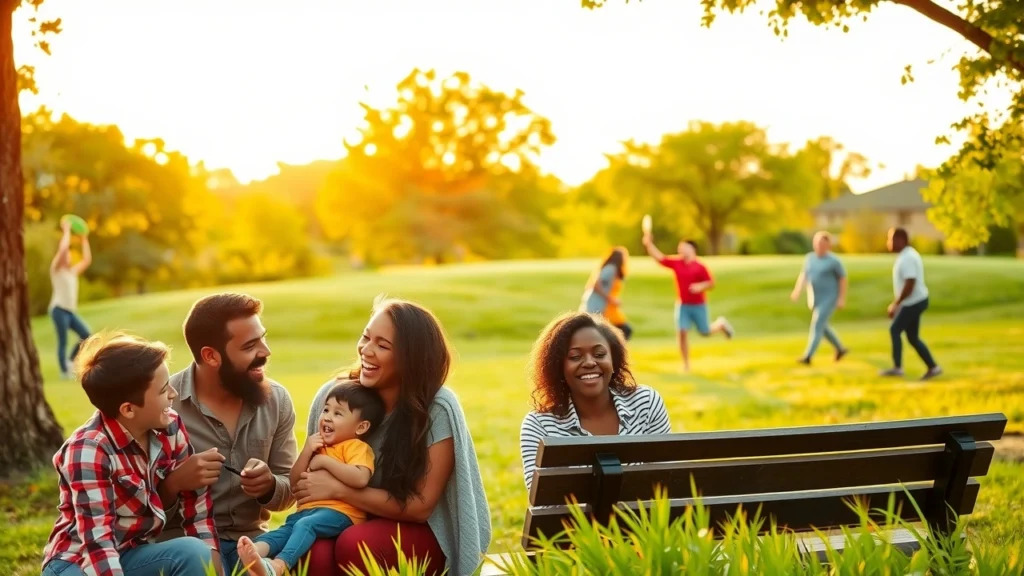 Une scène de parc sereine avec des gens riant ensemble.
