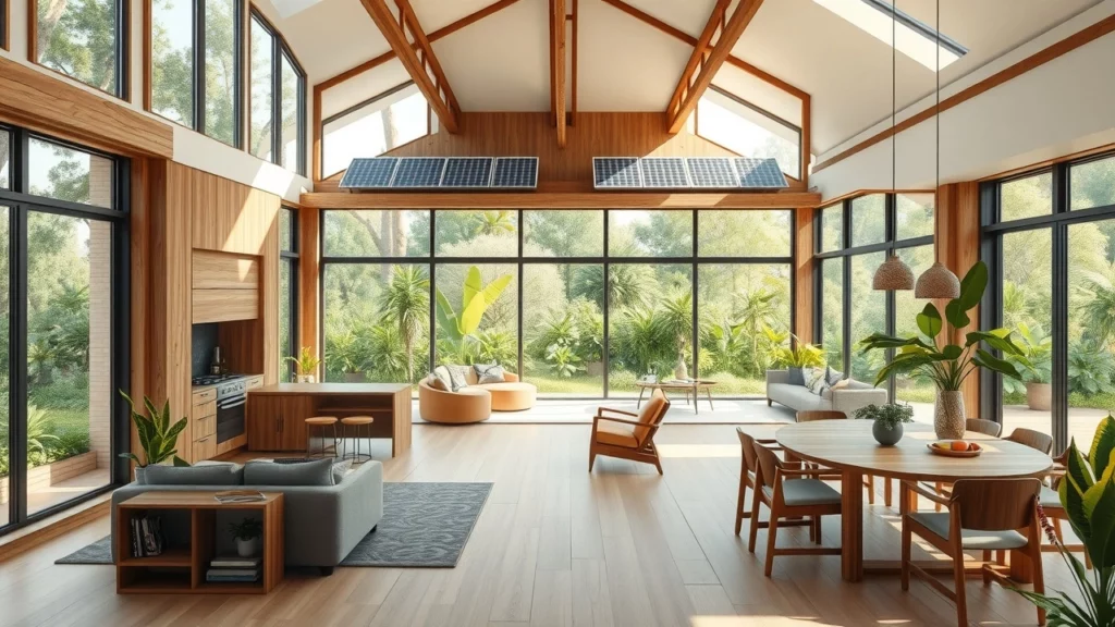 Une illustration d'un espace ouvert dans une maison écologique et conviviale.