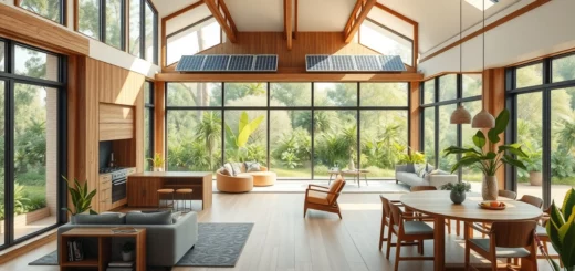 Une illustration d'un espace ouvert dans une maison écologique et conviviale.