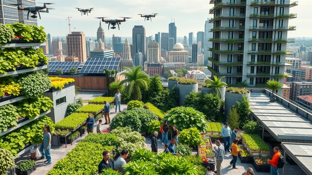 Une scène urbaine illustrant les technologies avancées de l'agriculture urbaine.