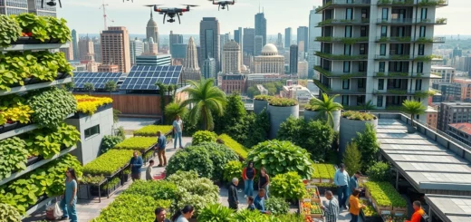 Une scène urbaine illustrant les technologies avancées de l'agriculture urbaine.