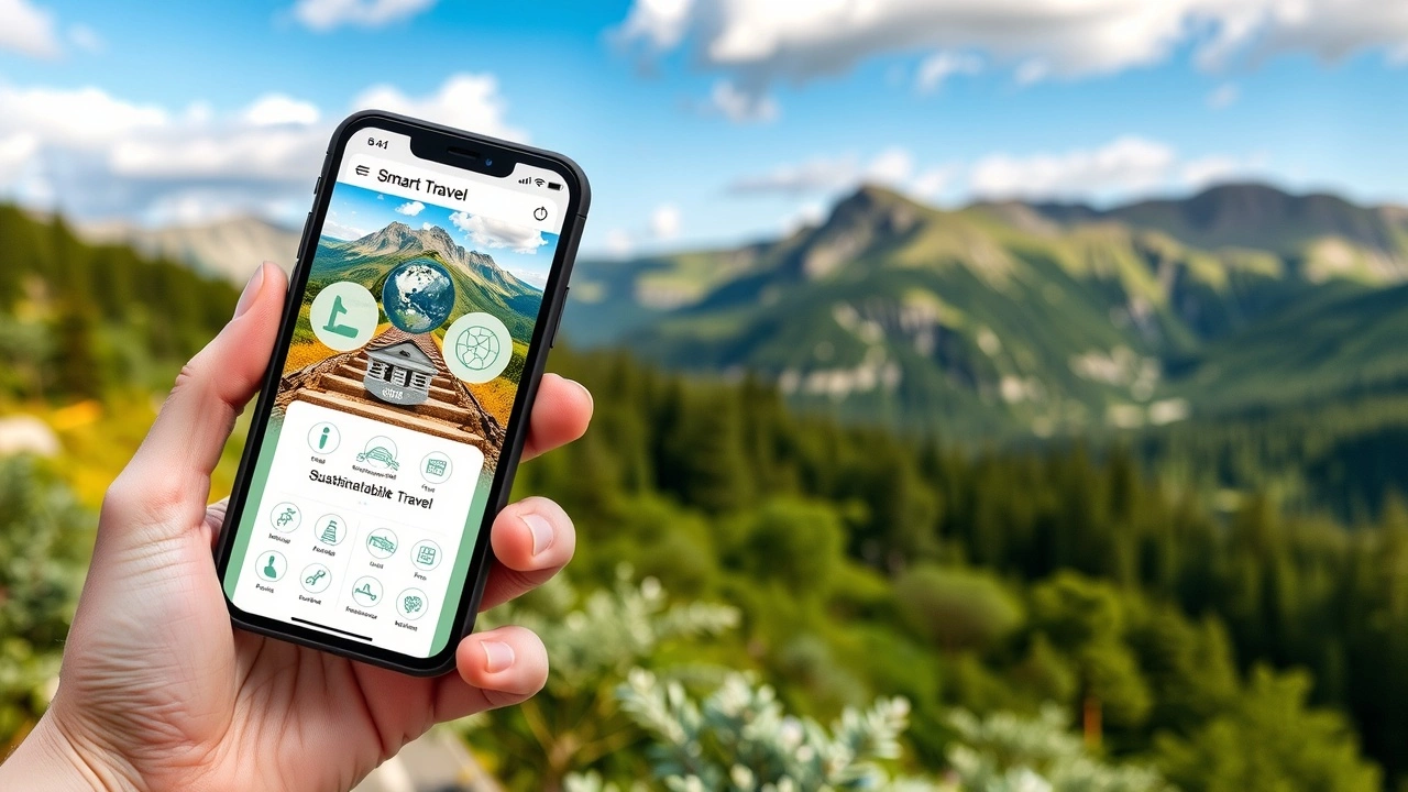 application de voyage durable sur smartphone dans un environnement naturel