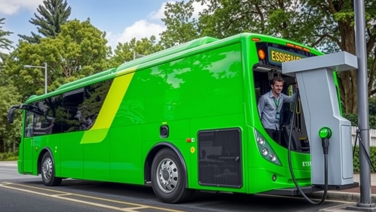 un bus electrique vert se recharge dans la nature