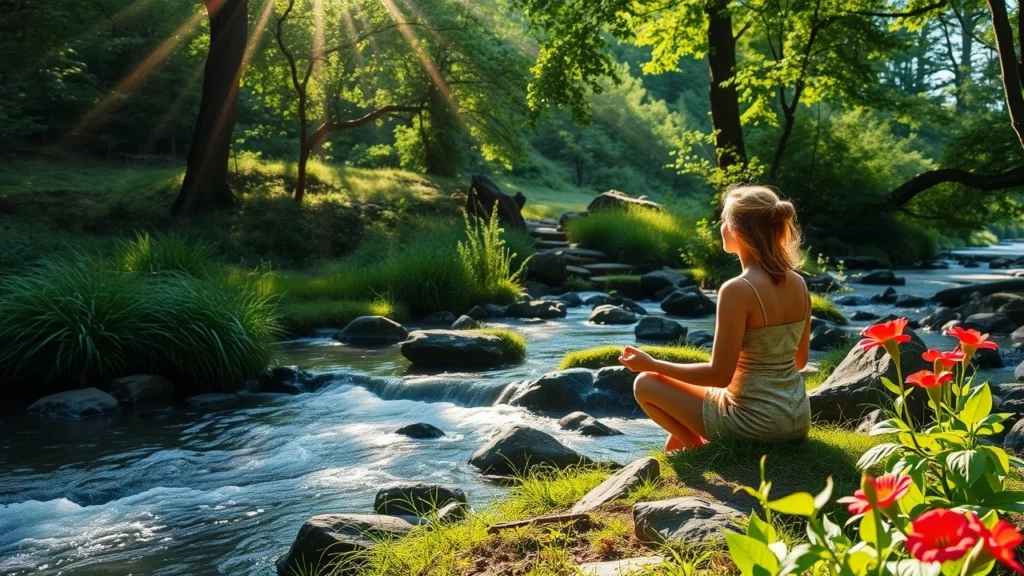 Une personne méditant près d'un ruisseau entouré de verdure, illustrant l'immersion dans la nature.
