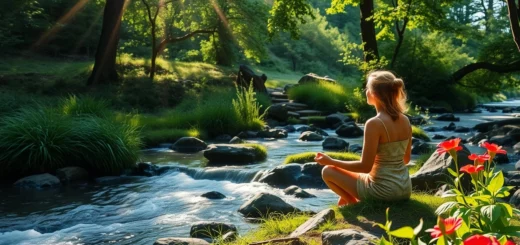 Une personne méditant près d'un ruisseau entouré de verdure, illustrant l'immersion dans la nature.