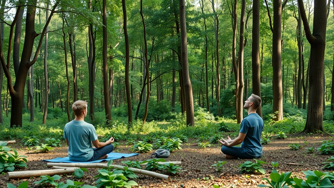 forêt paisible avec des personnes pratiquant la pleine conscience