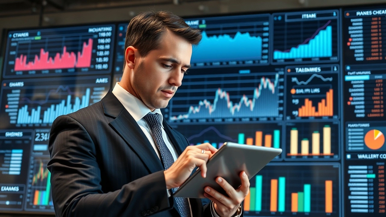 un homme d'affaires regardant des graphiques économiques sur une tablette