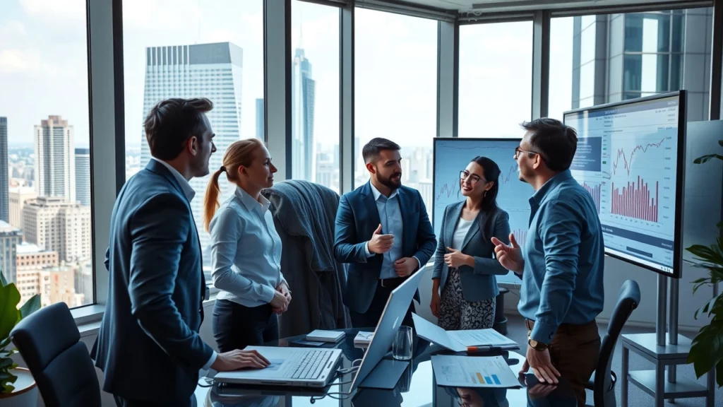 Une image montrant des analystes financiers discutant des stratégies d'investissement dans un bureau moderne.