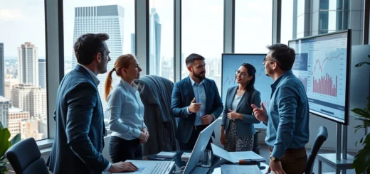 Une image montrant des analystes financiers discutant des stratégies d'investissement dans un bureau moderne.