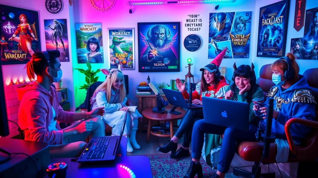 Scène de personnes jouant à un jeu de rôle en ligne, illustrant l'imagination et les connexions sociales.