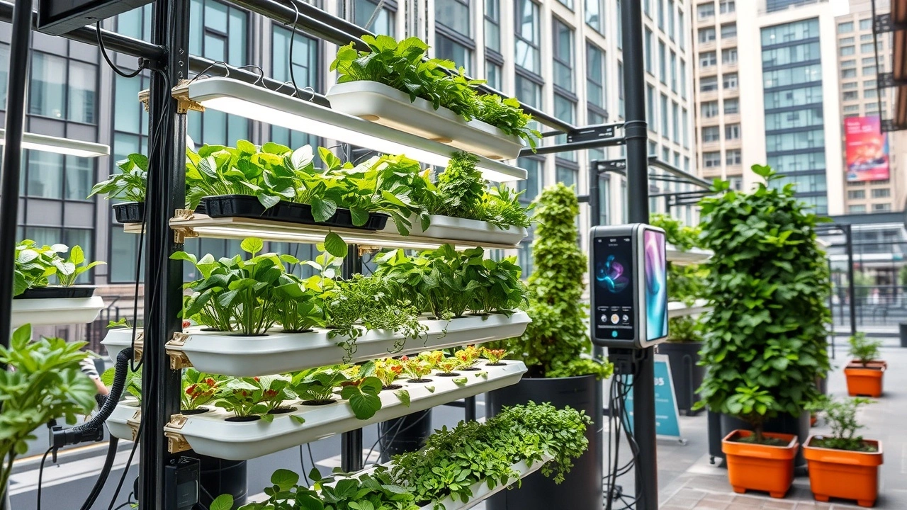 technologie agricole urbaine avec jardins verticaux et capteurs