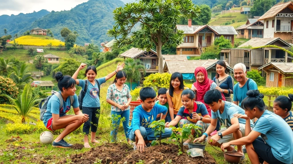 Un groupe diversifié de bénévoles engagés dans des activités significatives, entouré de paysages naturels et d'éléments culturels.