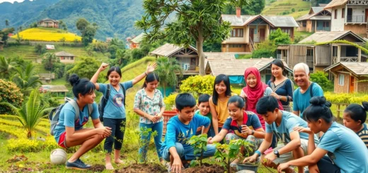 Un groupe diversifié de bénévoles engagés dans des activités significatives, entouré de paysages naturels et d'éléments culturels.