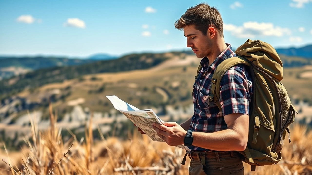 un voyageur examine une carte en plein air