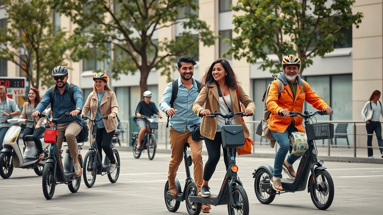 voyageurs utilisant des bicycles et scooters electriques