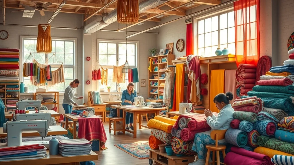 Un atelier de création textile vibrant avec des tissus colorés et des artisans au travail.