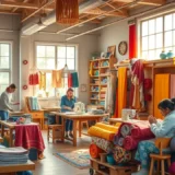 Un atelier de création textile vibrant avec des tissus colorés et des artisans au travail.