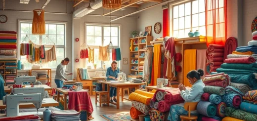Un atelier de création textile vibrant avec des tissus colorés et des artisans au travail.