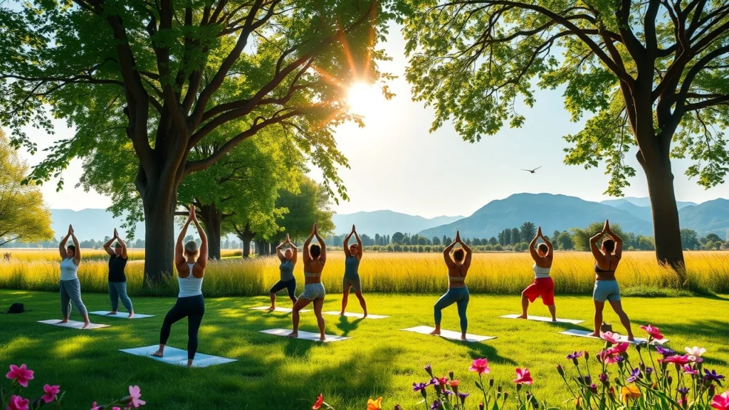 Un groupe diverse de personnes pratiquant le yoga en plein air dans un parc verdoyant.