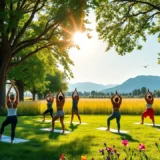 Un groupe diverse de personnes pratiquant le yoga en plein air dans un parc verdoyant.