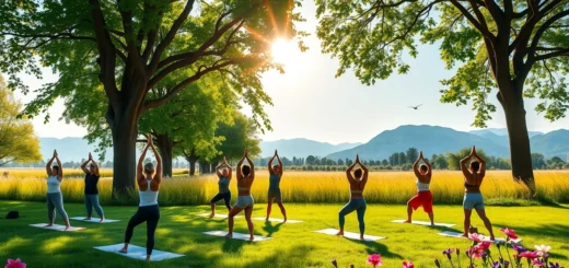 Un groupe diverse de personnes pratiquant le yoga en plein air dans un parc verdoyant.