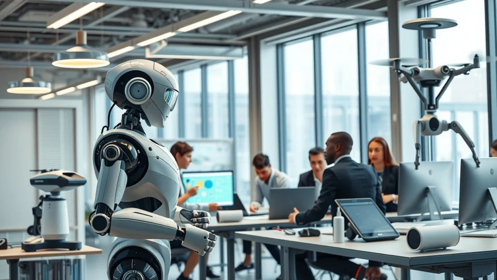 Un bureau moderne avec des innovations robotiques influençant le travail quotidien.