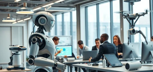 Un bureau moderne avec des innovations robotiques influençant le travail quotidien.