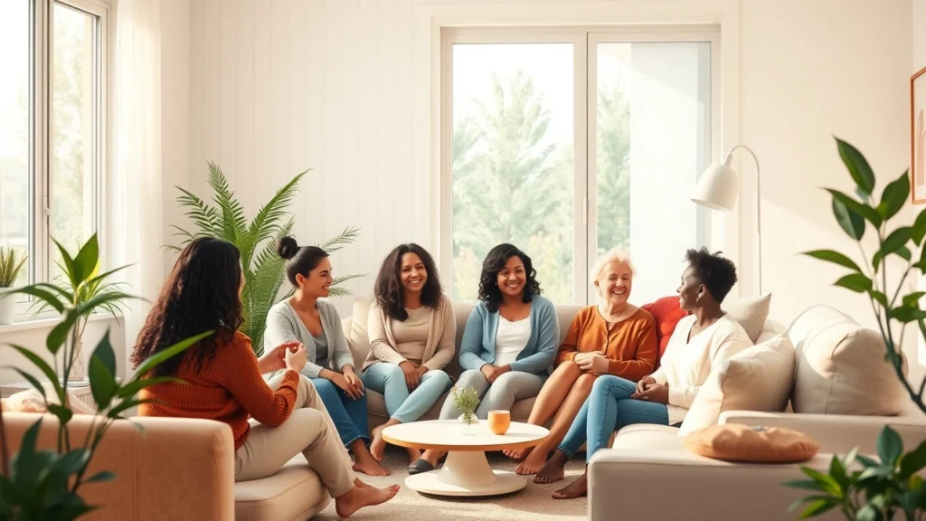 Une scène chaleureuse montrant un groupe diversifié de personnes dans un cercle de soutien.