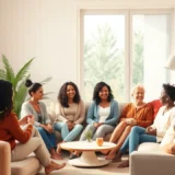 Une scène chaleureuse montrant un groupe diversifié de personnes dans un cercle de soutien.