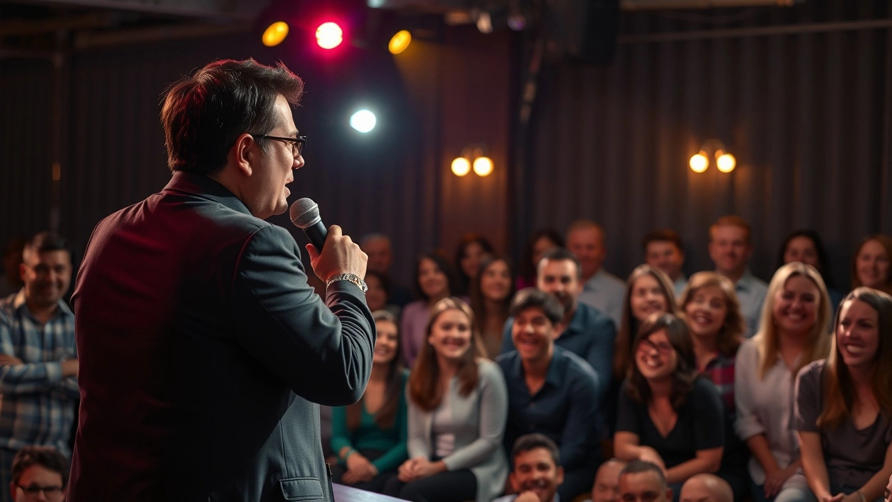 un comedien sur scene avec un public riant