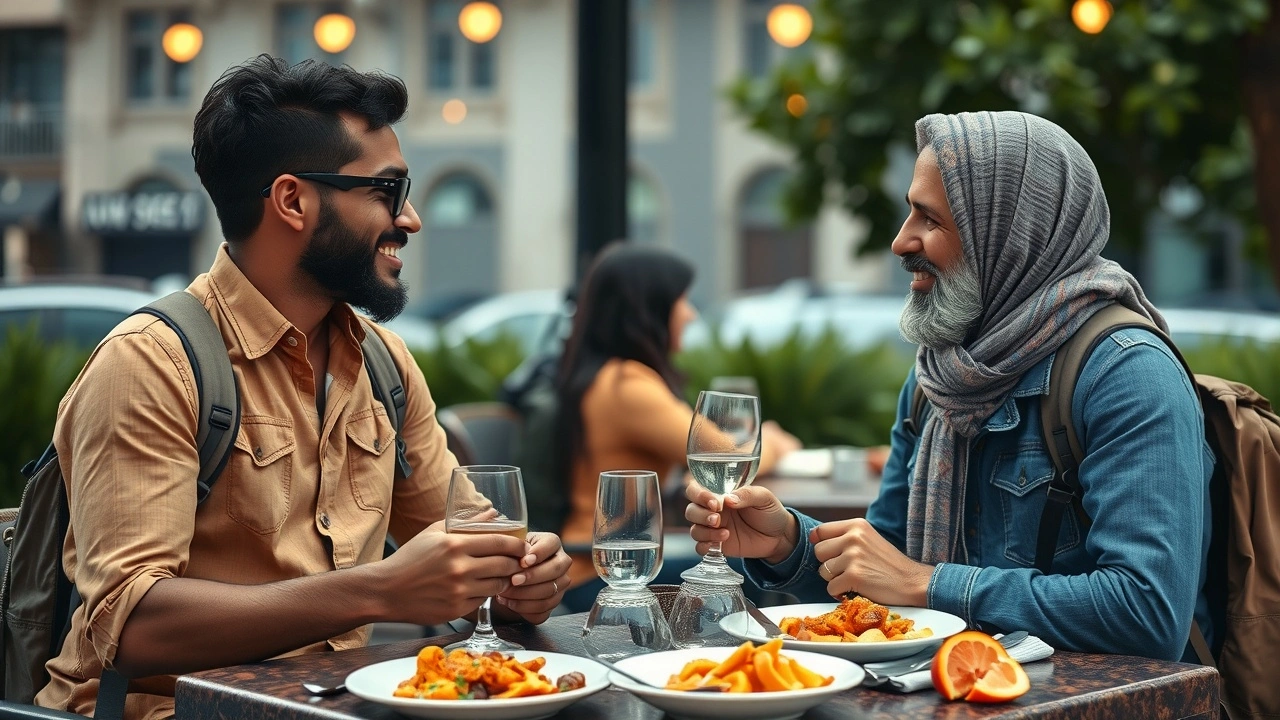 deux voyageurs de cultures differentes discutant autour d'un repas