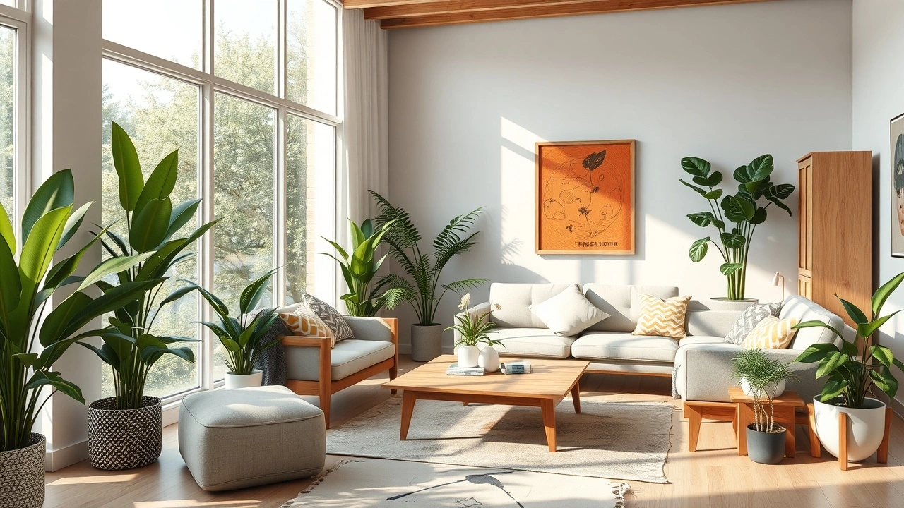 espace de vie avec plantes et mobilier en bois naturel