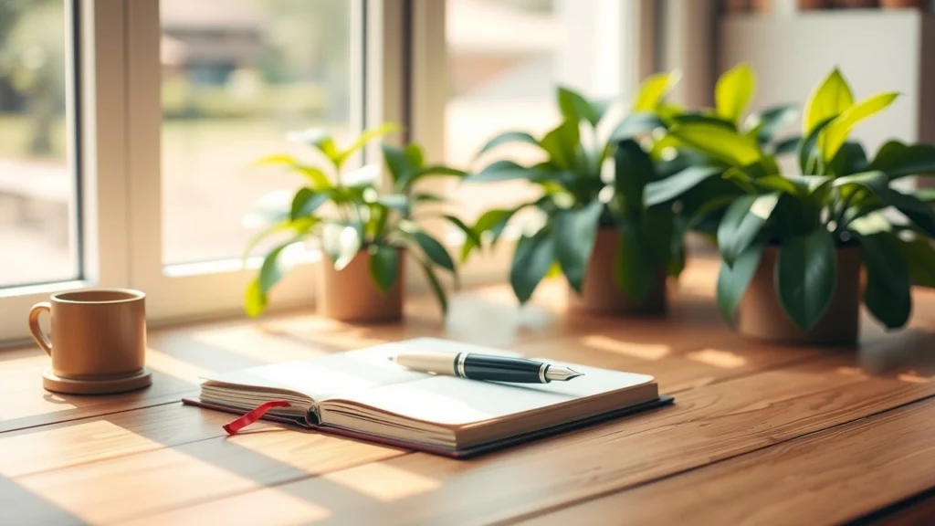 Un espace de travail serein avec un journal et un stylo, évoquant la pratique du journaling pour la santé émotionnelle.