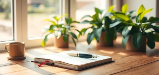 Un espace de travail serein avec un journal et un stylo, évoquant la pratique du journaling pour la santé émotionnelle.