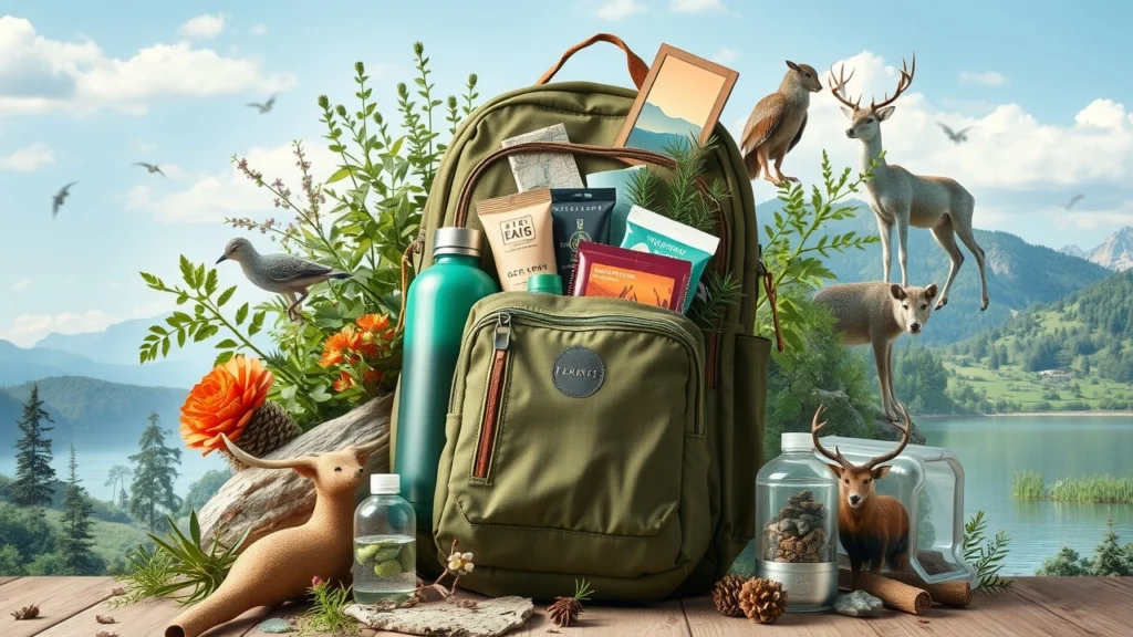 Une illustration photoréaliste des essentiels pour un voyage responsable, avec un sac à dos rempli d'objets écologiques.