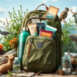 Une illustration photoréaliste des essentiels pour un voyage responsable, avec un sac à dos rempli d'objets écologiques.