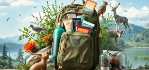 Une illustration photoréaliste des essentiels pour un voyage responsable, avec un sac à dos rempli d'objets écologiques.