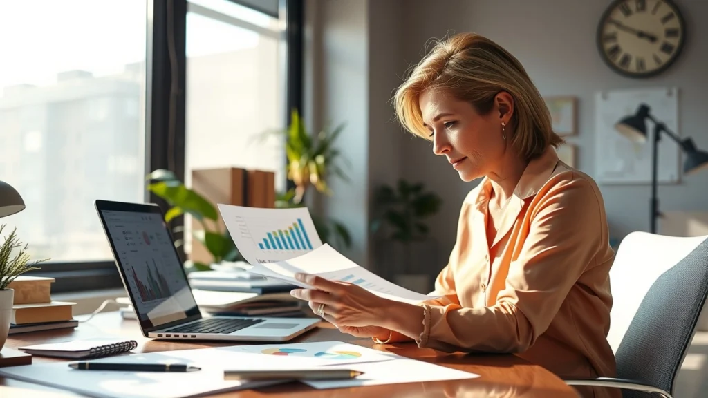 Une femme professionnelle analyse des données financières dans un bureau moderne.