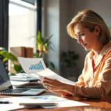 Une femme professionnelle analyse des données financières dans un bureau moderne.