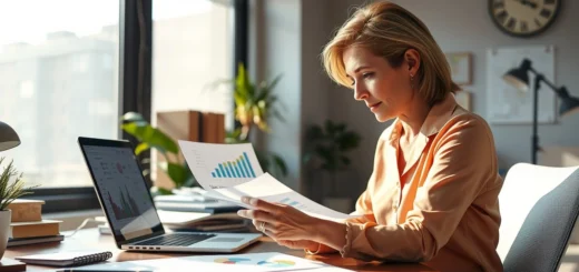 Une femme professionnelle analyse des données financières dans un bureau moderne.