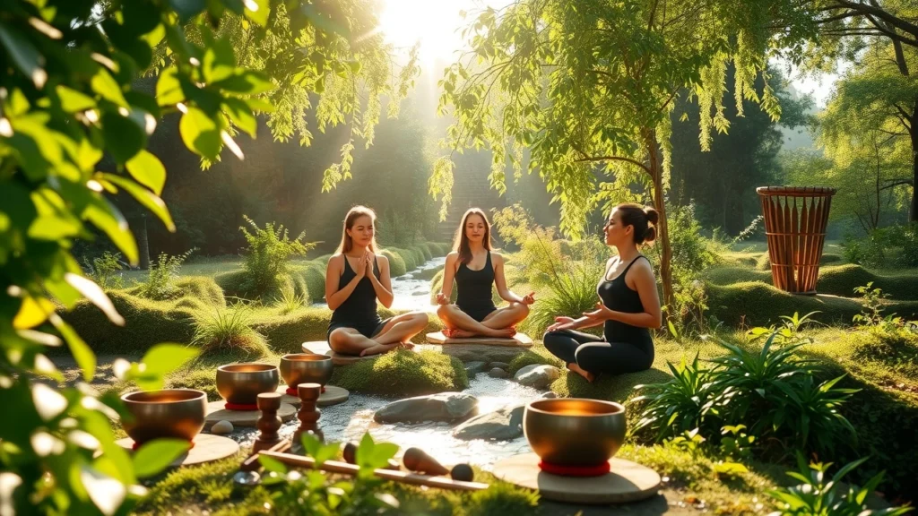 Une scène sereine représentant des individus pratiquant la méditation sonore dans un environnement paisible.