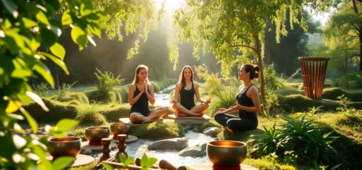Une scène sereine représentant des individus pratiquant la méditation sonore dans un environnement paisible.