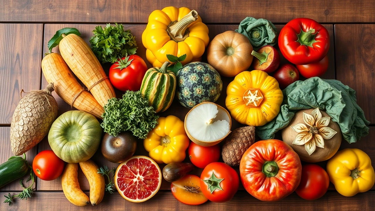fruits et legumes frais sur une table en bois