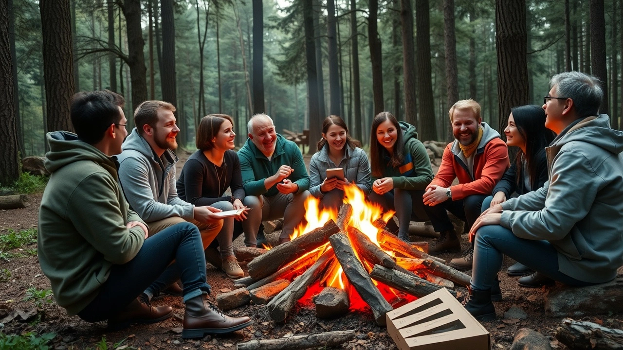 groupe de personnes autour d'un feu de camp en forêt