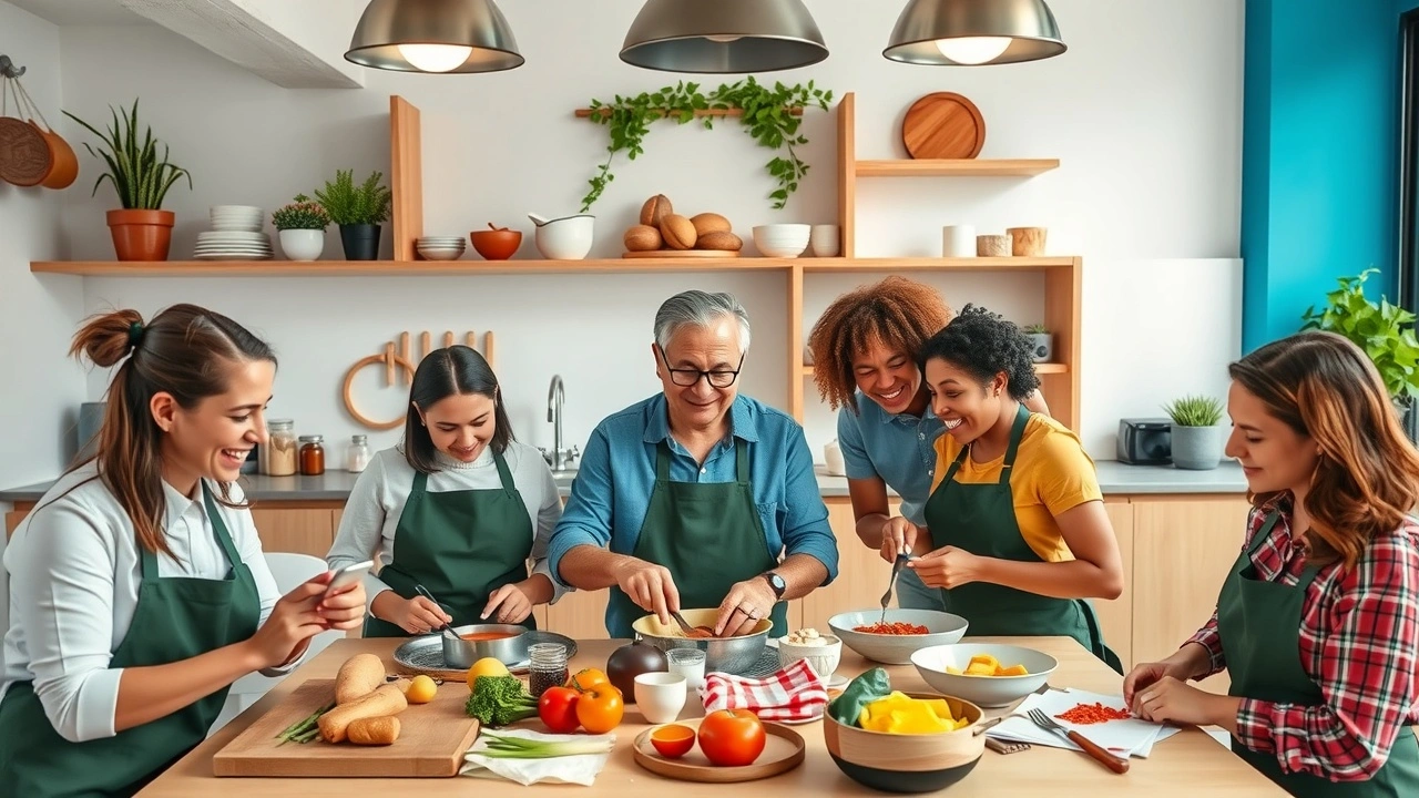 groupe de personnes dans un cours de cuisine en ligne