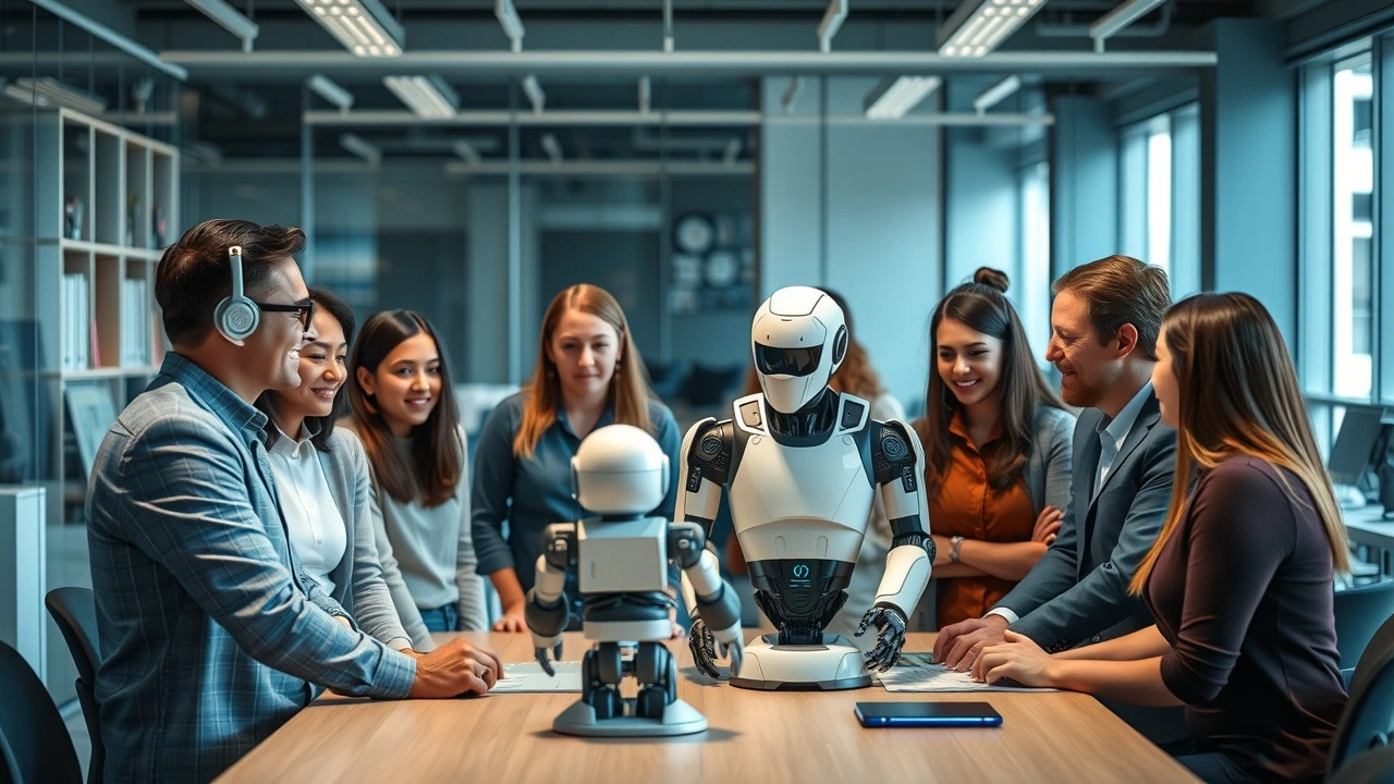 groupe divers de personnes et robot humanoide au bureau