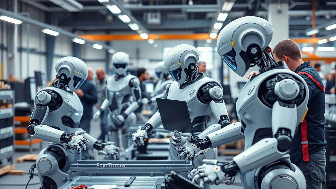 des robots modernes travaillant avec des humains au bureau