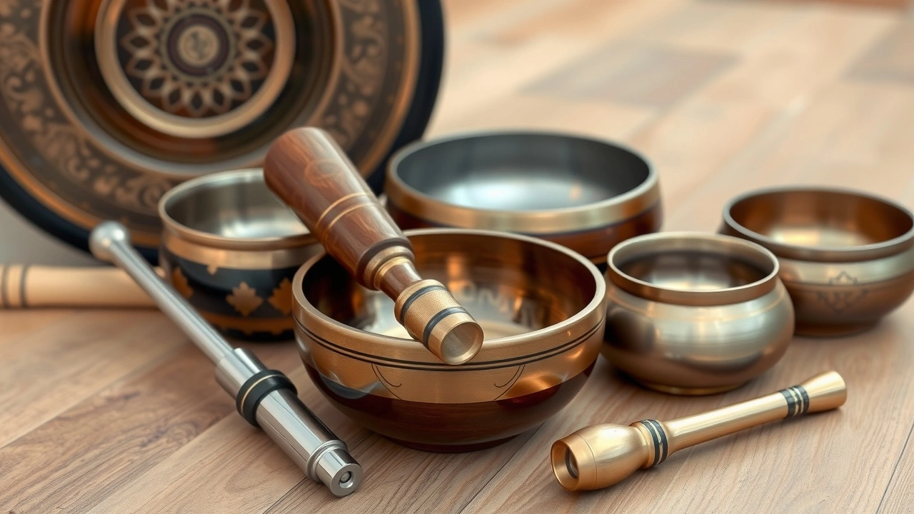 différents instruments de méditation sonore sur une table en bois